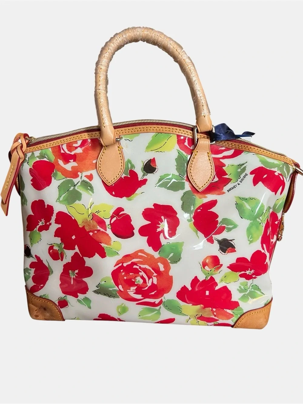 Dooney & Bourke Floral Dome Satchel with Red Floral Print and Tan Leather Trim